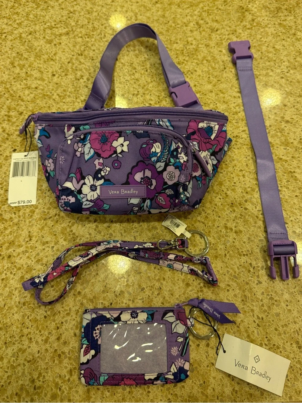 Vera Bradley Purple Floral Kids Belt Bag with ID Holder and Lanyard